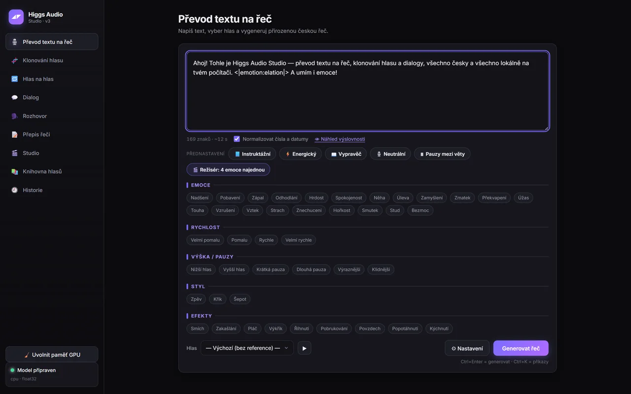 Rozhraní Higgs Audio Studio pro převod textu na řeč